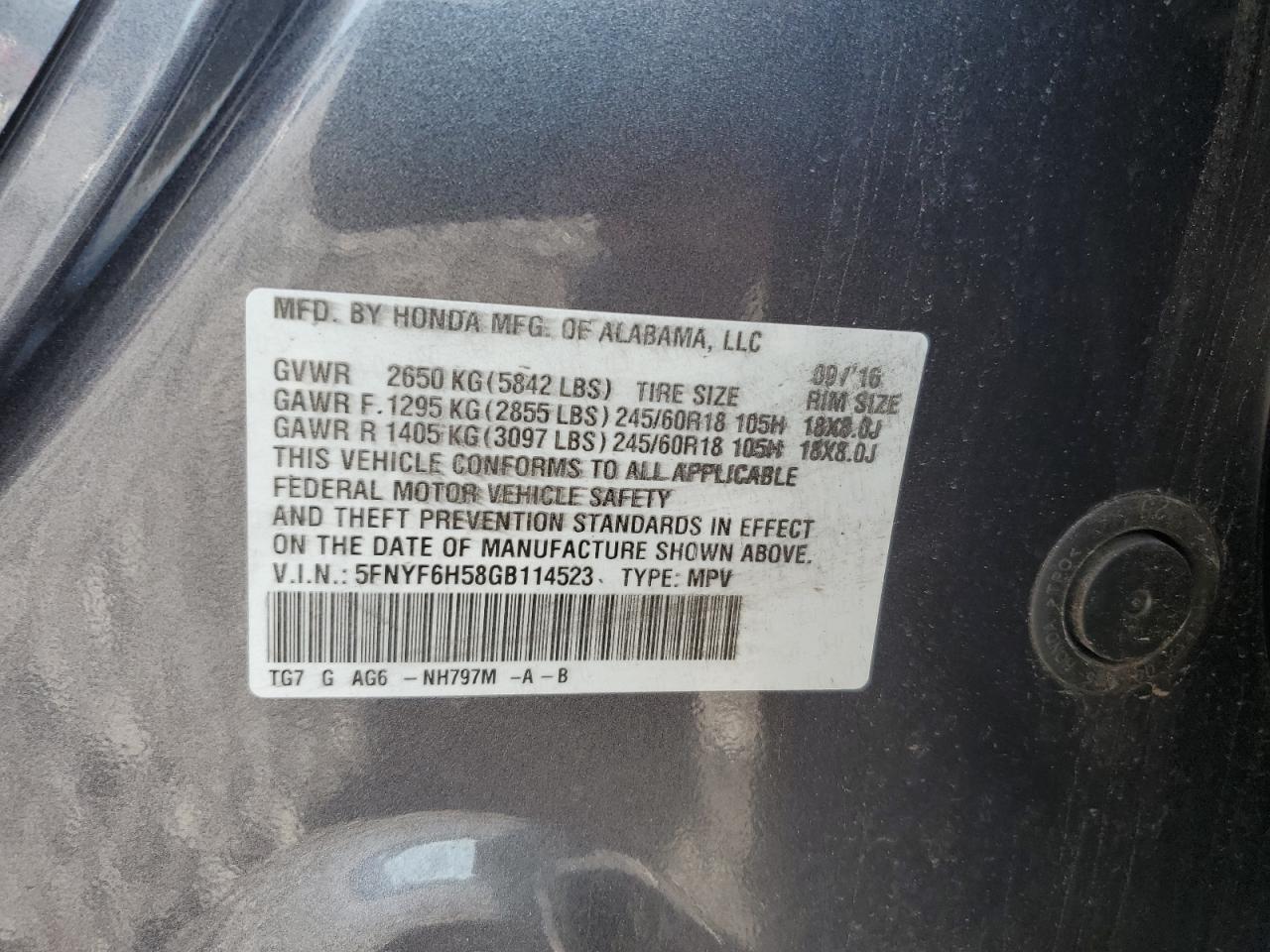 2016 Honda Pilot Exl VIN: 5FNYF6H58GB114523 Lot: 65375194