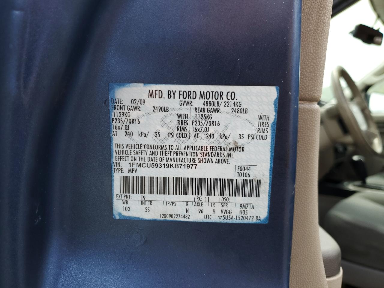 2009 Ford Escape Xls VIN: 1FMCU02789KA16293 Lot: 65526434