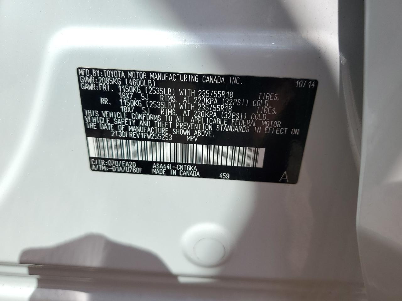 2015 Toyota Rav4 Limited VIN: 2T3DFREV1FW255253 Lot: 63745514