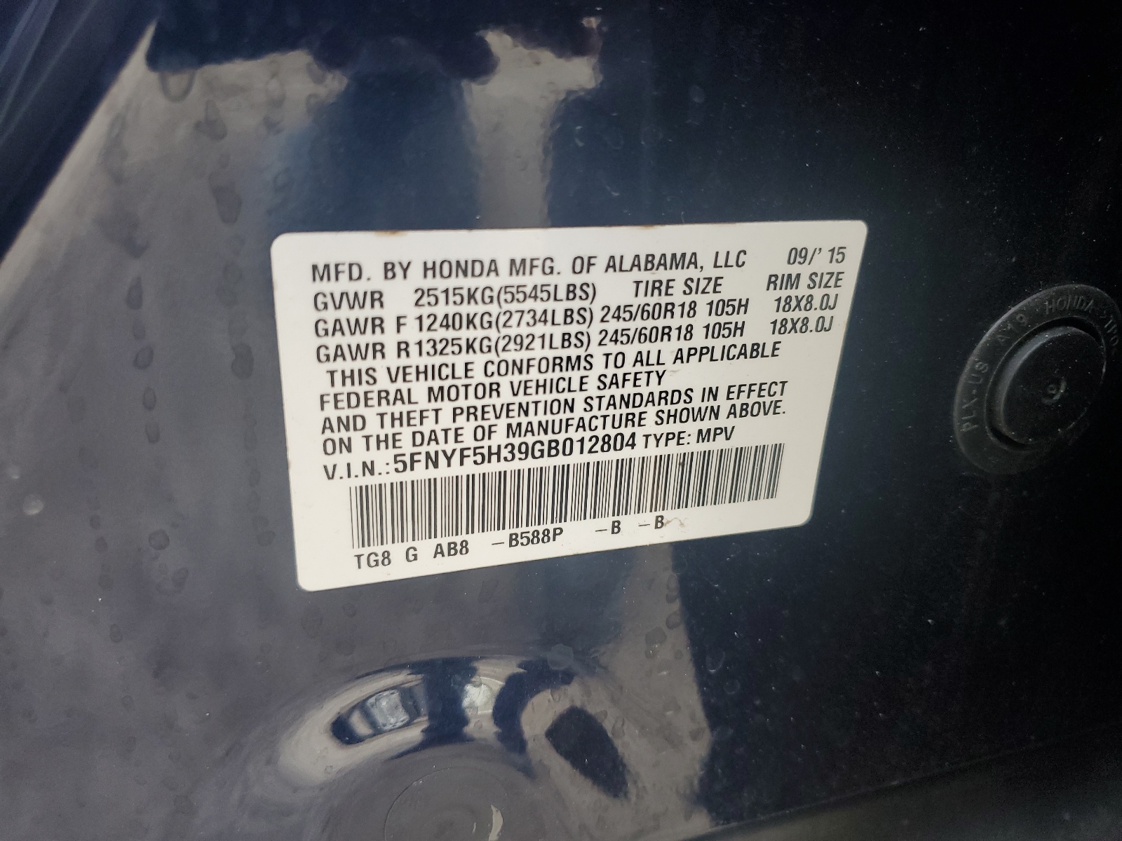 5FNYF5H39GB012804 2016 Honda Pilot Ex