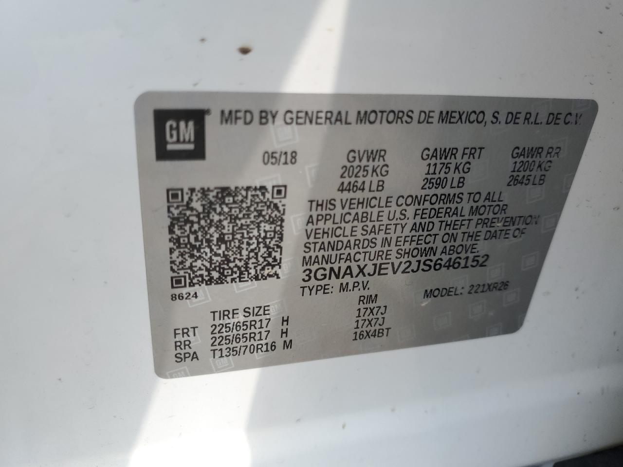 3GNAXJEV2JS646152 2018 Chevrolet Equinox Lt