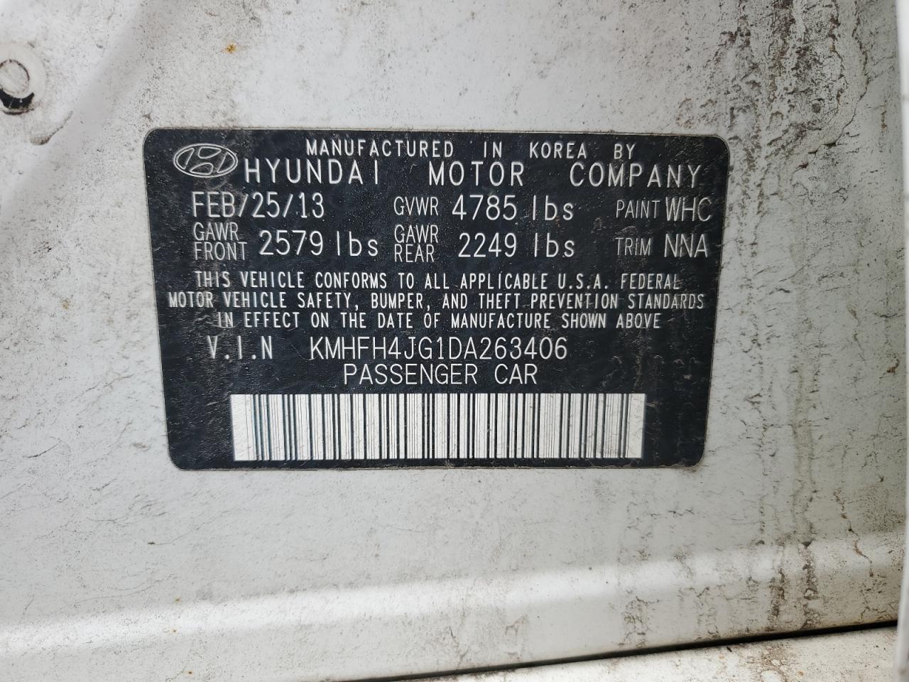 2013 Hyundai Azera Gls VIN: KMHFH4JG1DA263406 Lot: 64065404