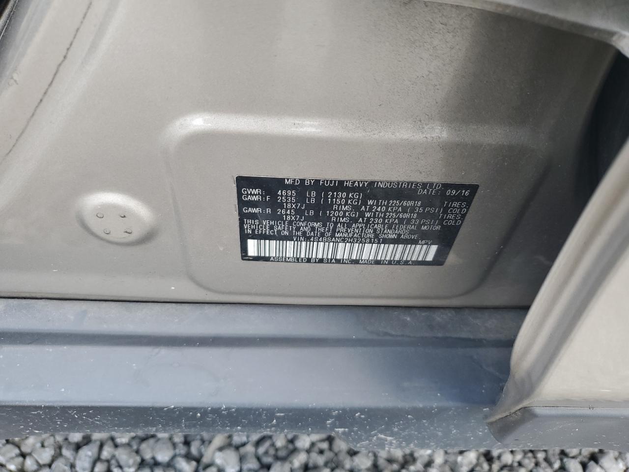 2017 Subaru Outback 2.5I Limited VIN: 4S4BSANC2H3258151 Lot: 62245124