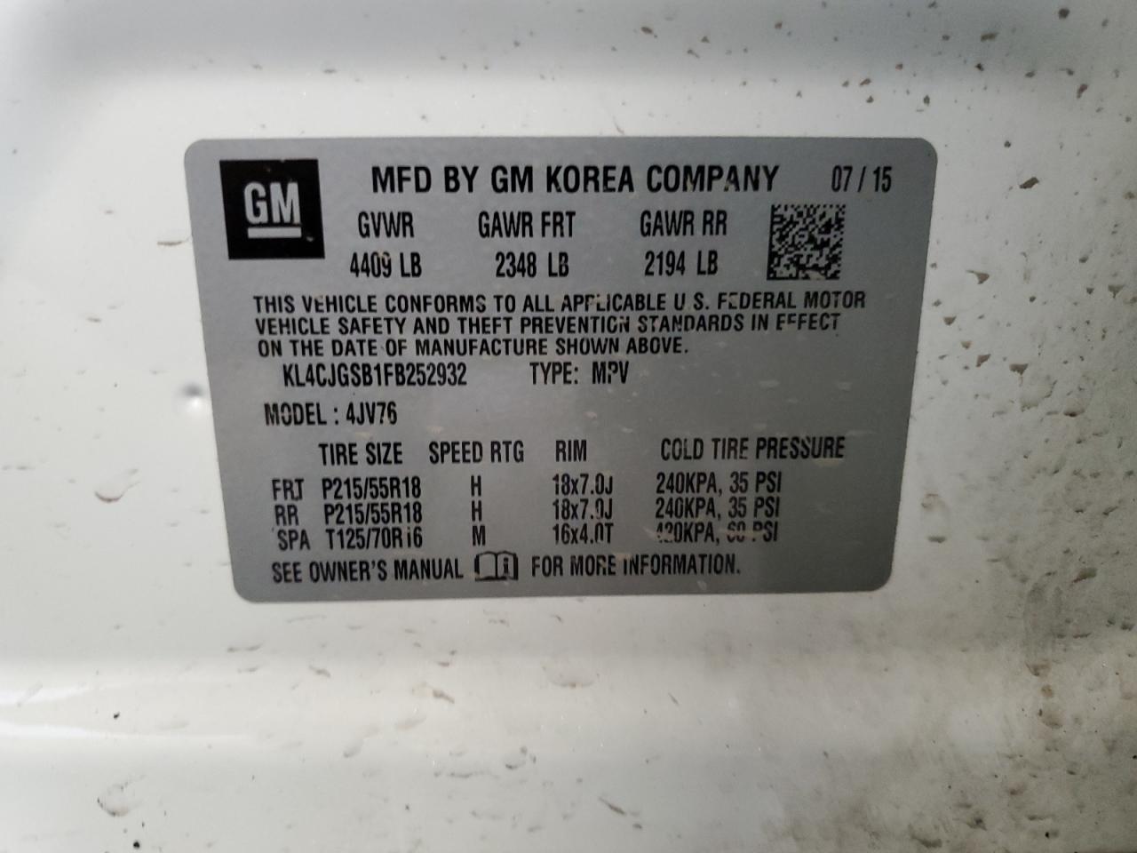 2015 Buick Encore VIN: KL4CJGSB1FB252932 Lot: 64018924