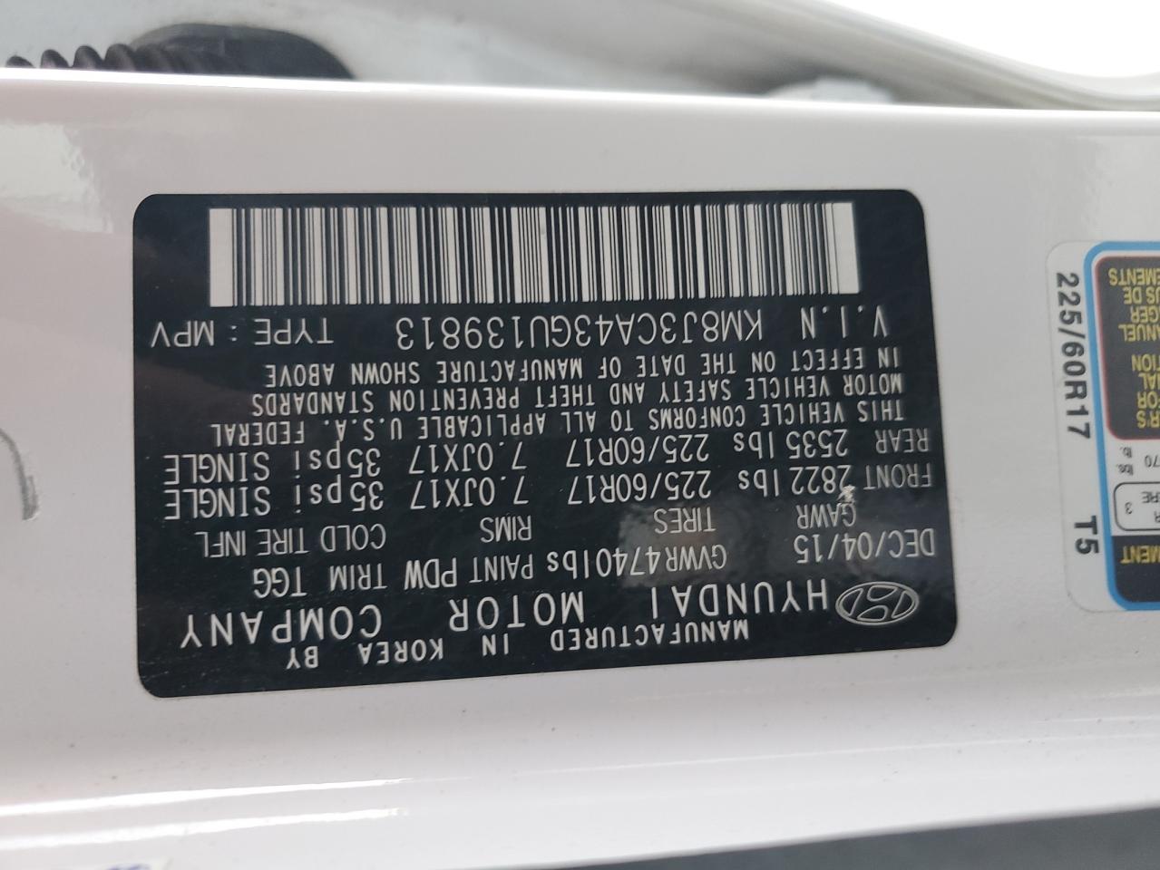 2016 Hyundai Tucson Limited VIN: KM8J3CA43GU139813 Lot: 63332924