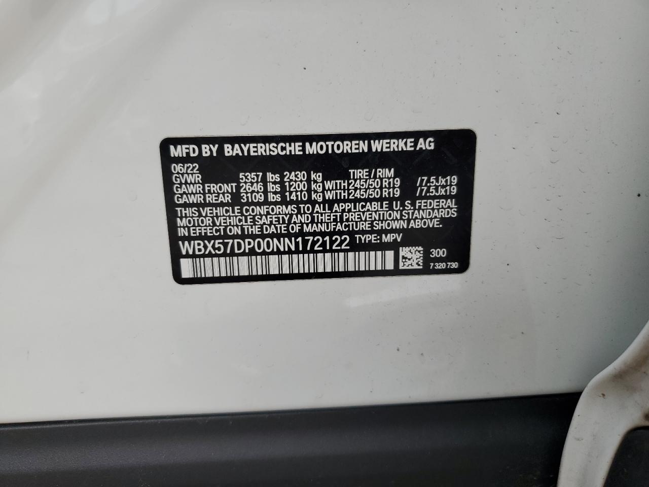 2022 BMW X3 xDrive30I VIN: WBX57DP00NN172122 Lot: 63856994