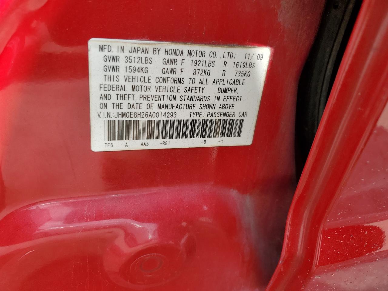 2010 Honda Fit VIN: JHMGE8H26AC014293 Lot: 81189435