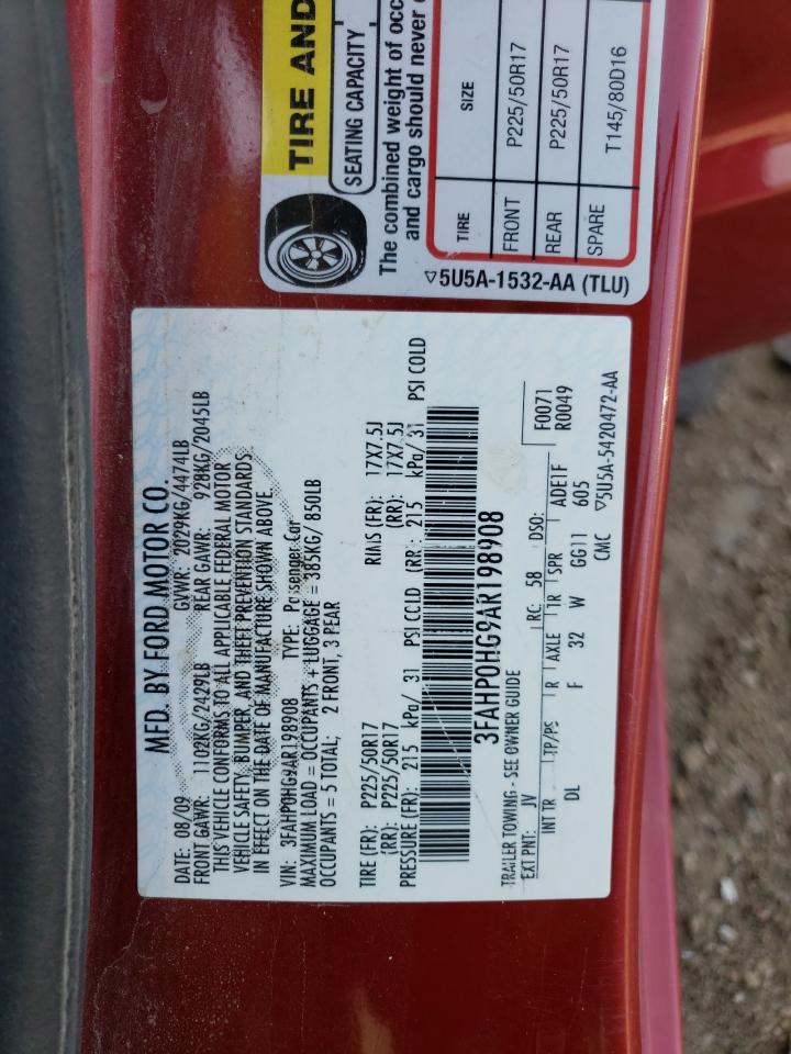 2010 Ford Fusion Se VIN: 3FAHP0HG9AR198908 Lot: 62060234