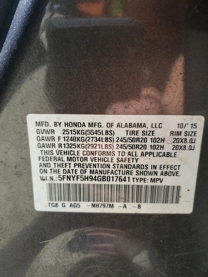 2016 Honda Pilot Touring VIN: 5FNYF5H94GB017641 Lot: 61959724
