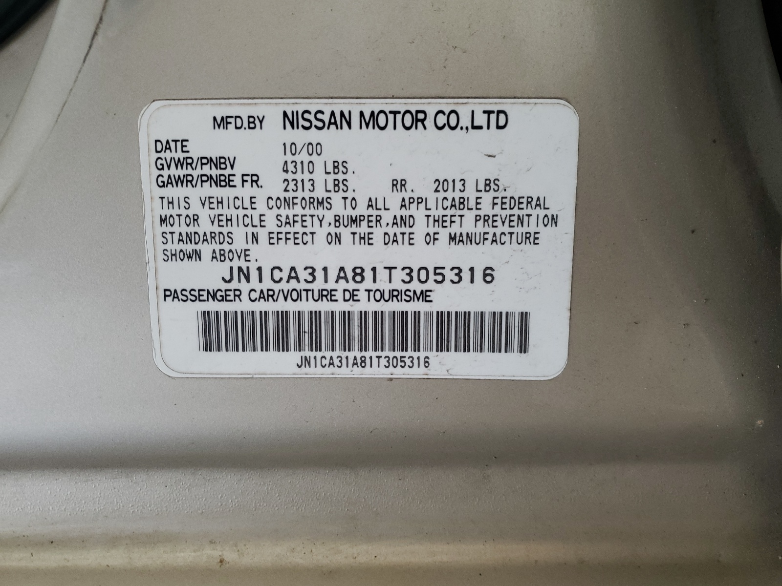 JN1CA31A81T305316 2001 Nissan Maxima Gxe