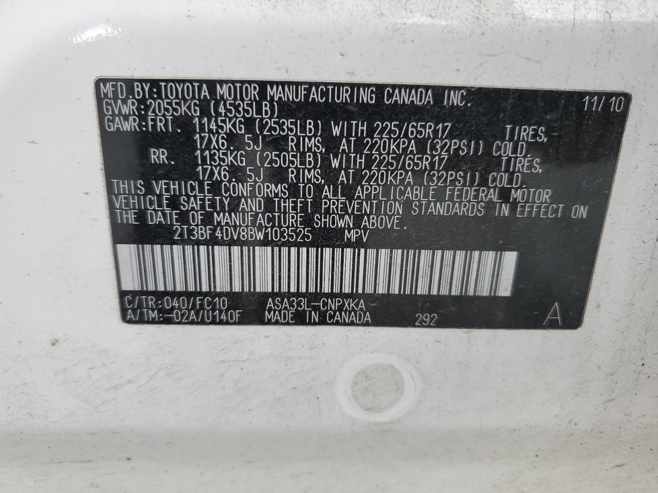 2011 Toyota Rav4 VIN: 2T3BF4DV8BW103525 Lot: 65263184