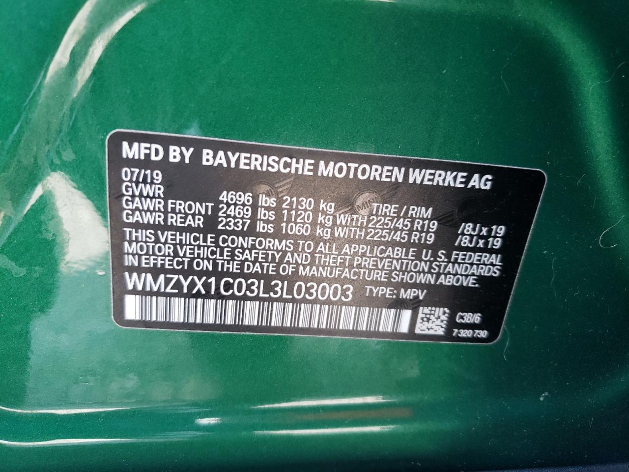2020 Mini Cooper S Countryman All4 VIN: WMZYX1C03L3L03003 Lot: 63601554