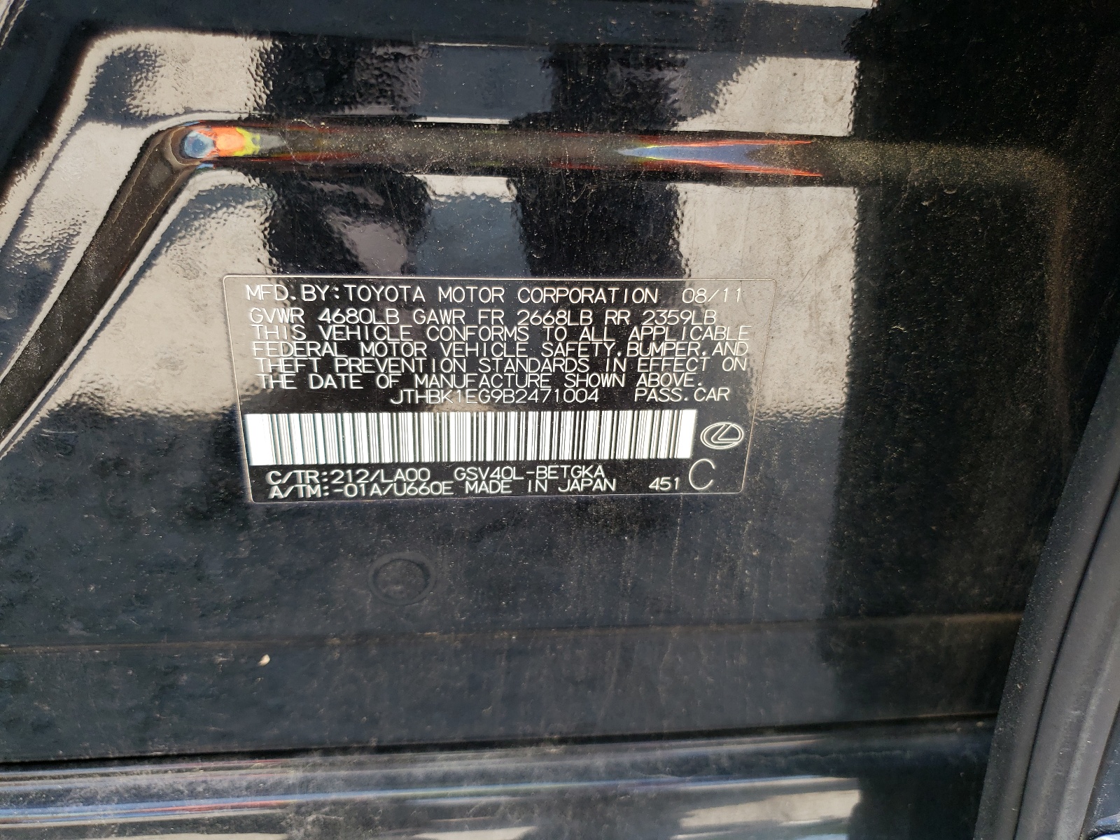 JTHBK1EG9B2471004 2011 Lexus Es 350