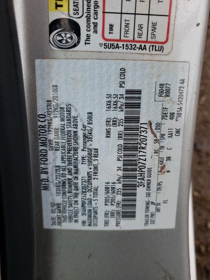 2007 Ford Fusion Se VIN: 3FAHP07Z17R207371 Lot: 62286434
