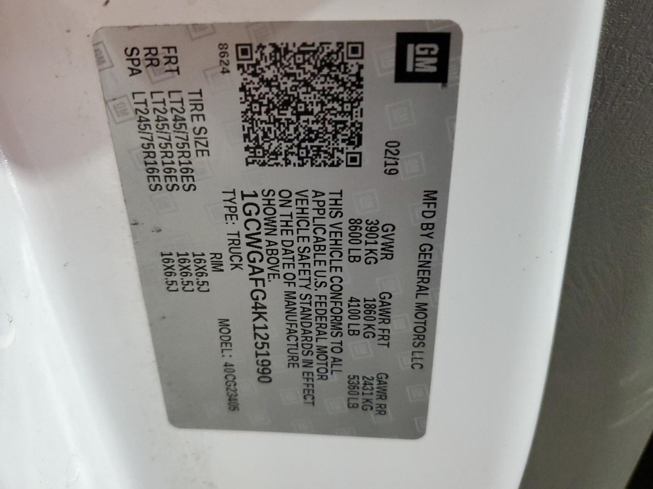 2019 Chevrolet Express G2500 VIN: 1GCWGAFG4K1251990 Lot: 65060334