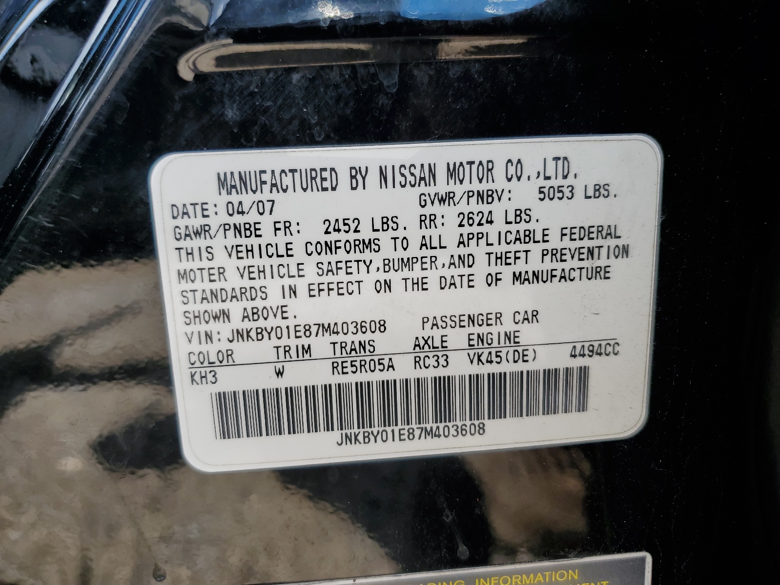 JNKBY01E87M403608 2007 Infiniti M45 Base