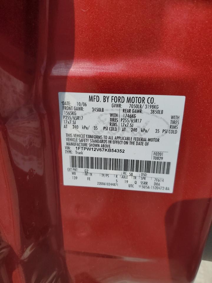 2007 Ford F150 Supercrew VIN: 1FTPW12V67KB54352 Lot: 61917564