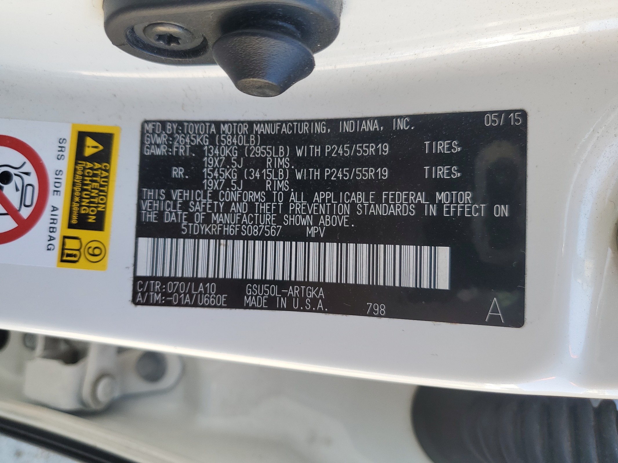 5TDYKRFH6FS087567 2015 Toyota Highlander Limited