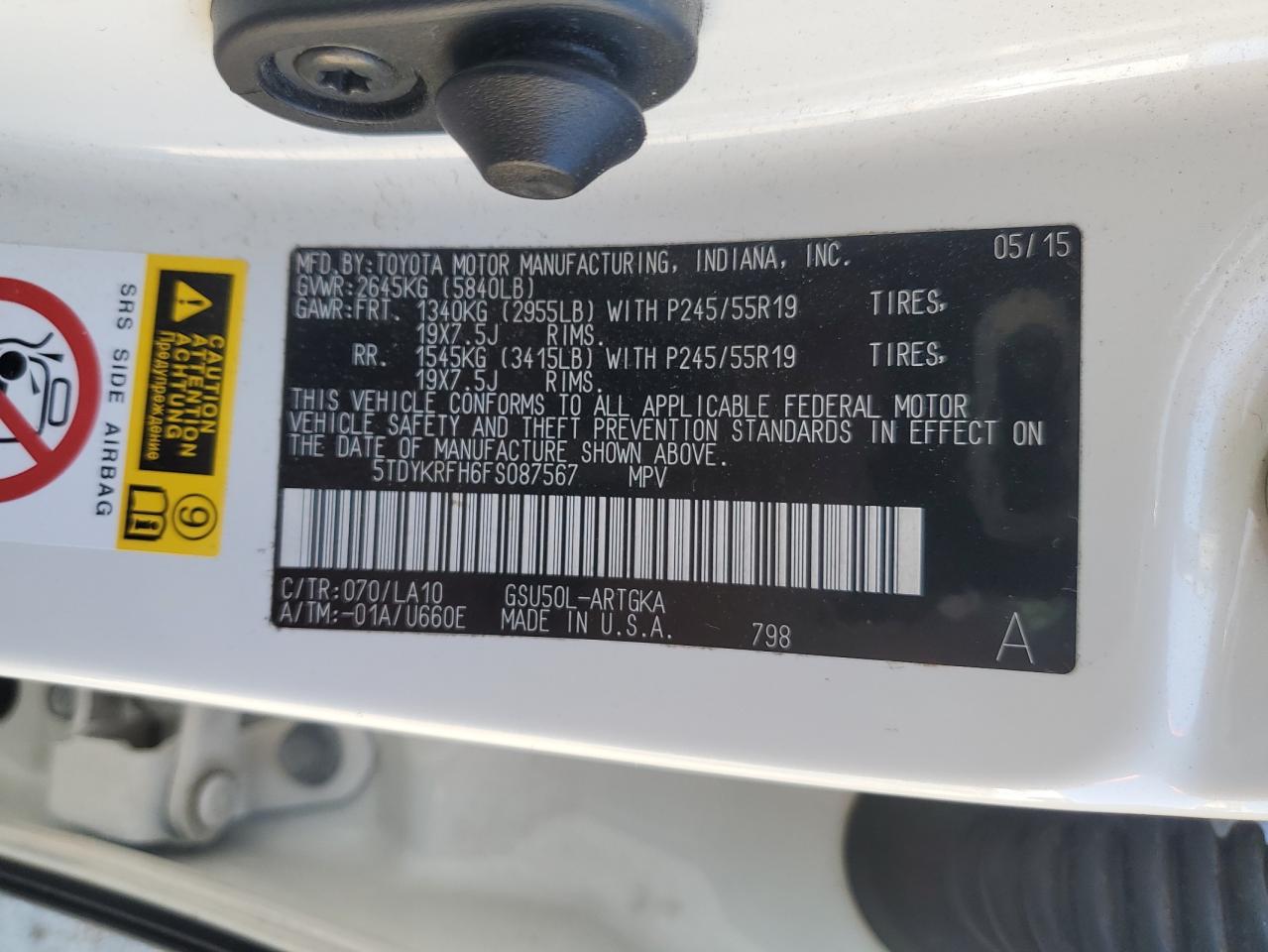 2015 Toyota Highlander Limited VIN: 5TDYKRFH6FS087567 Lot: 60130824