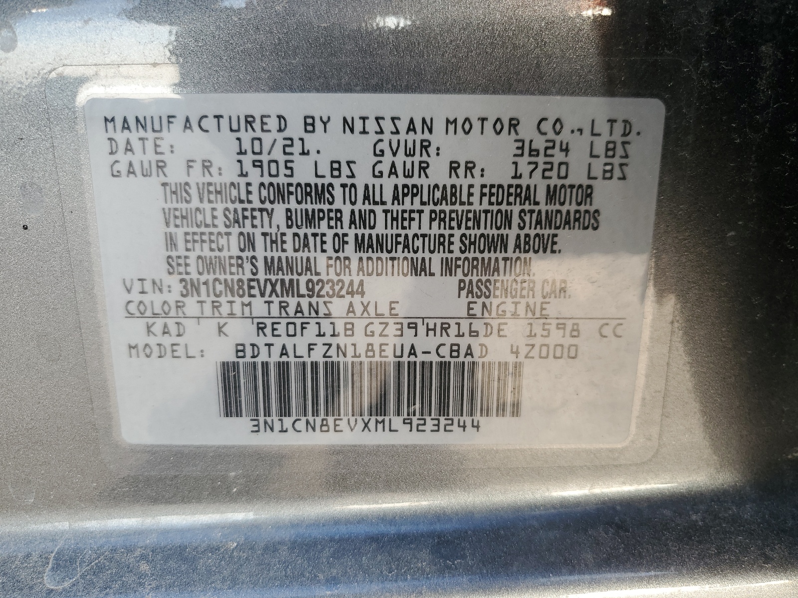 3N1CN8EVXML923244 2021 Nissan Versa Sv