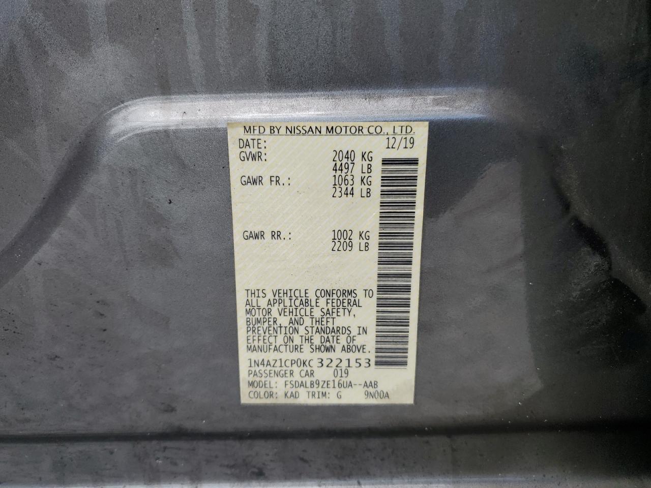 1N4AZ1CP0KC322153 2019 Nissan Leaf S