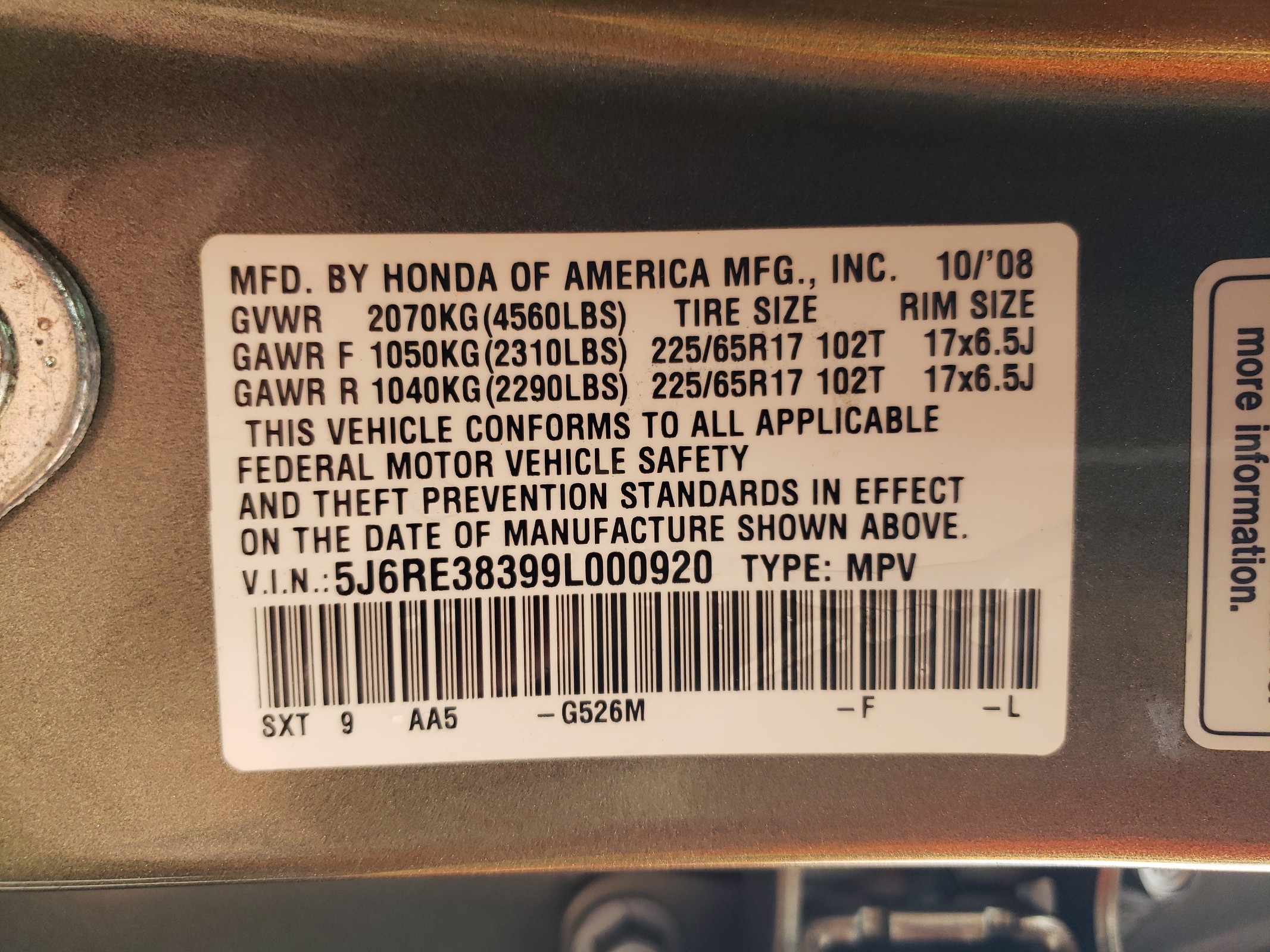 5J6RE38399L000920 2009 Honda Cr-V Lx