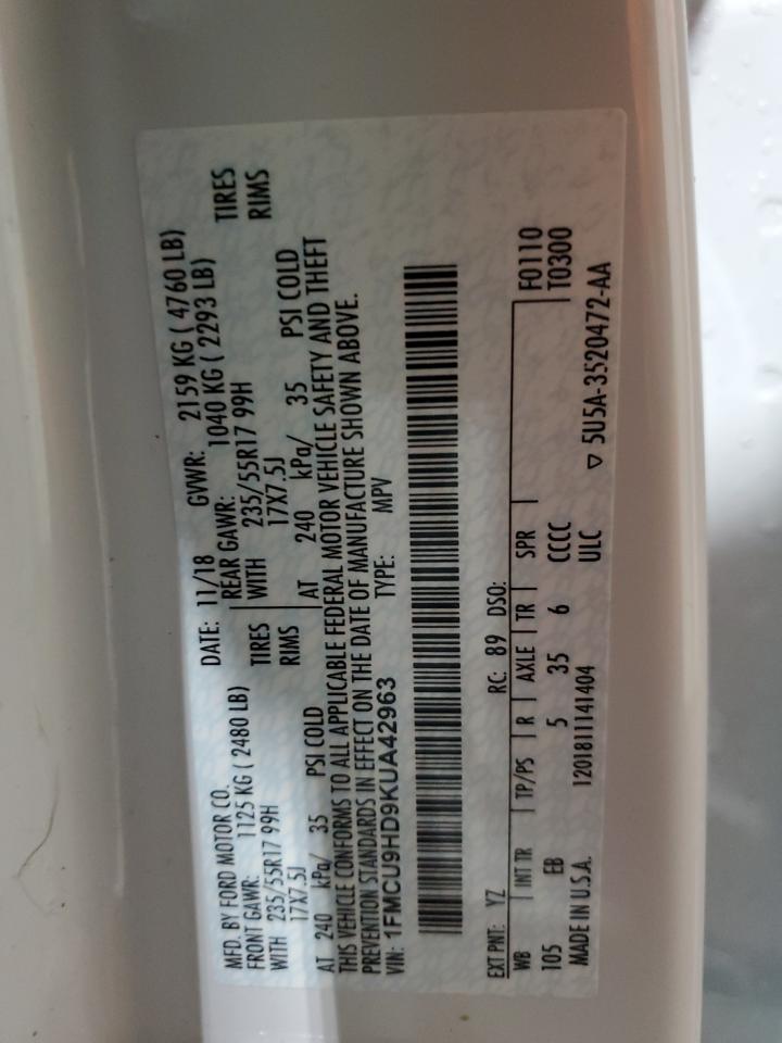 2019 Ford Escape Sel VIN: 1FMCU9HD9KUA42963 Lot: 63292034