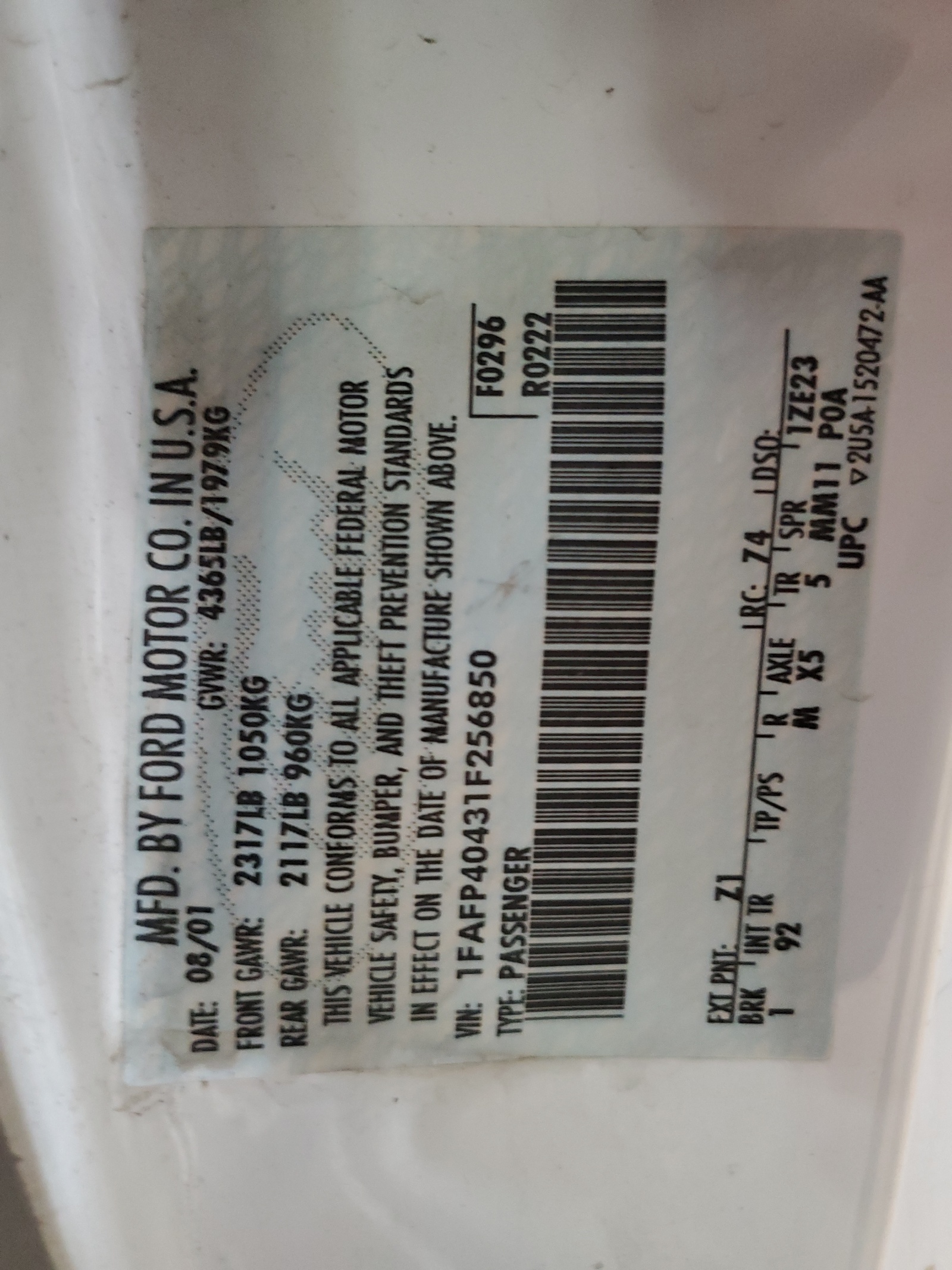 1FAFP40431F256850 2001 Ford Mustang