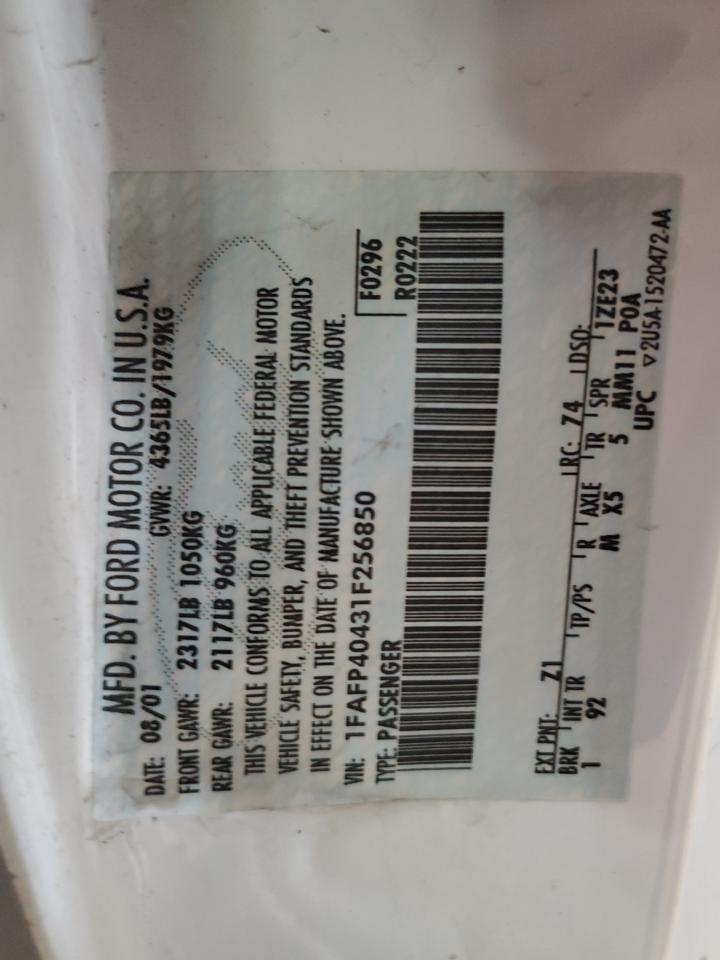 2001 Ford Mustang VIN: 1FAFP40431F256850 Lot: 61715244