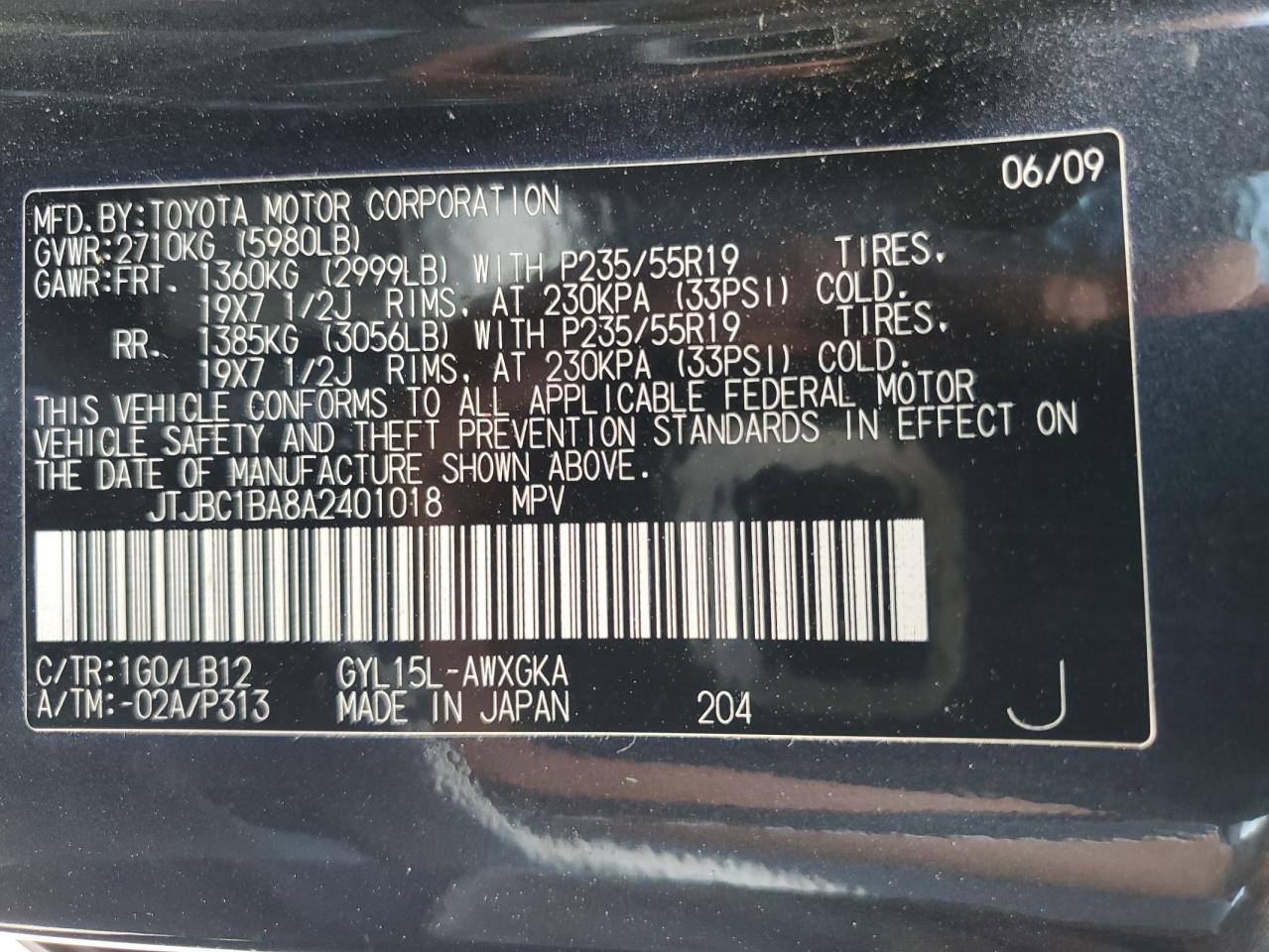 2010 Lexus Rx 450 VIN: JTJBC1BA8A2401018 Lot: 64016564