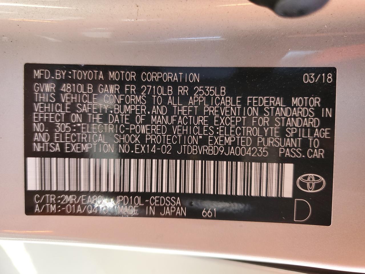 JTDBVRBD9JA004235 2018 Toyota Mirai