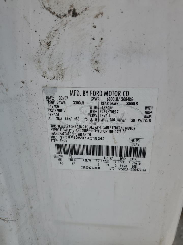2007 Ford F150 VIN: 1FTRF12W07KC18242 Lot: 63494984