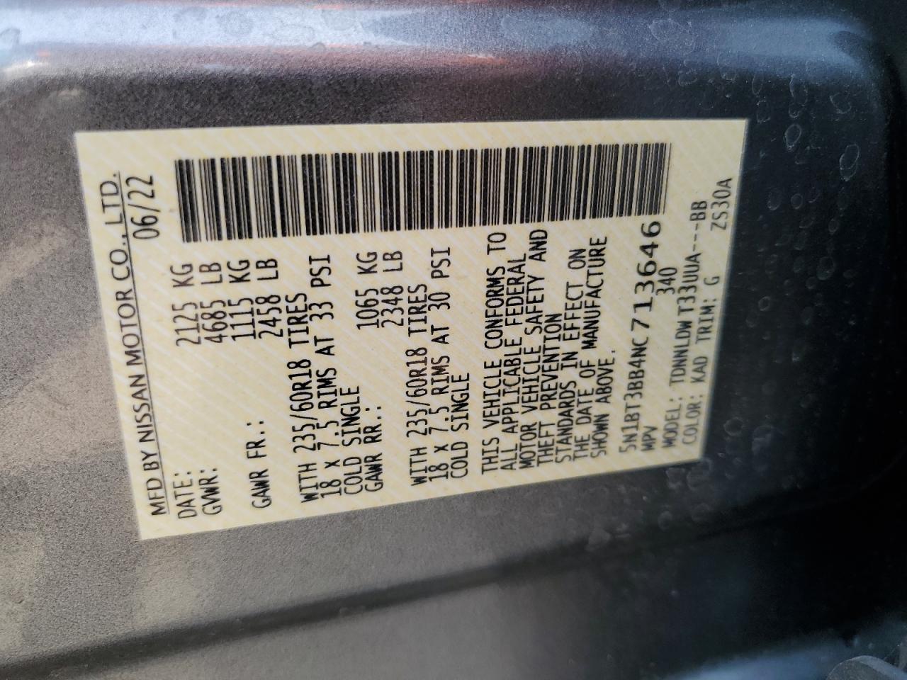 2022 Nissan Rogue Sv VIN: 5N1BT3BB4NC713646 Lot: 63884314