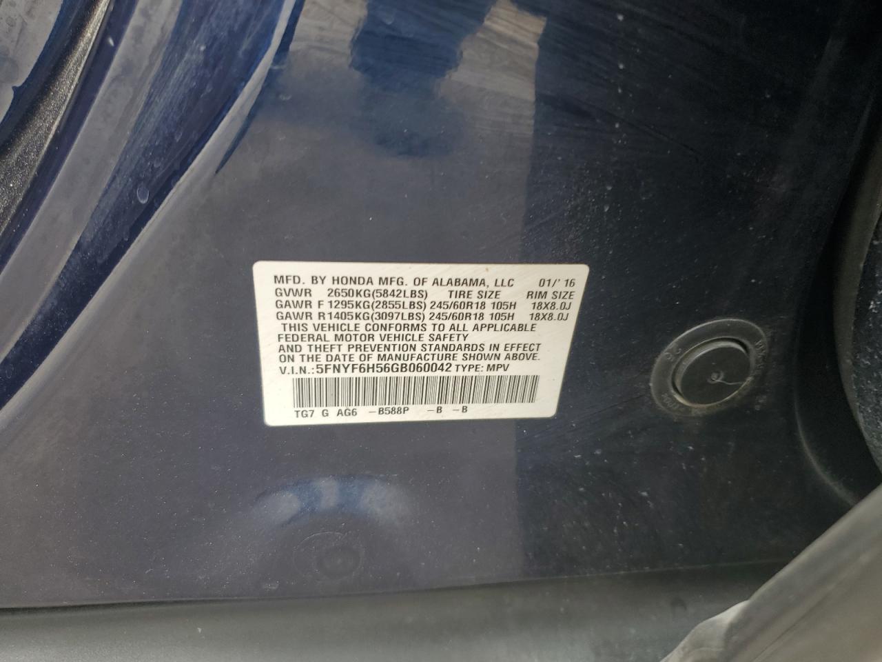 2016 Honda Pilot Exl VIN: 5FNYF6H56GB060042 Lot: 63294874