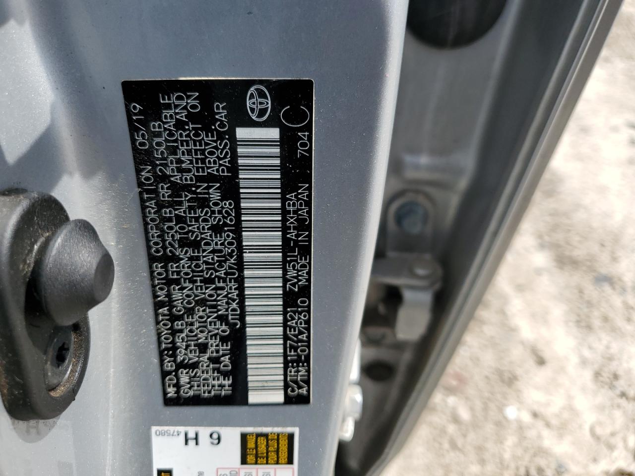 2019 Toyota Prius VIN: JTDKARFU7K3091628 Lot: 65134114