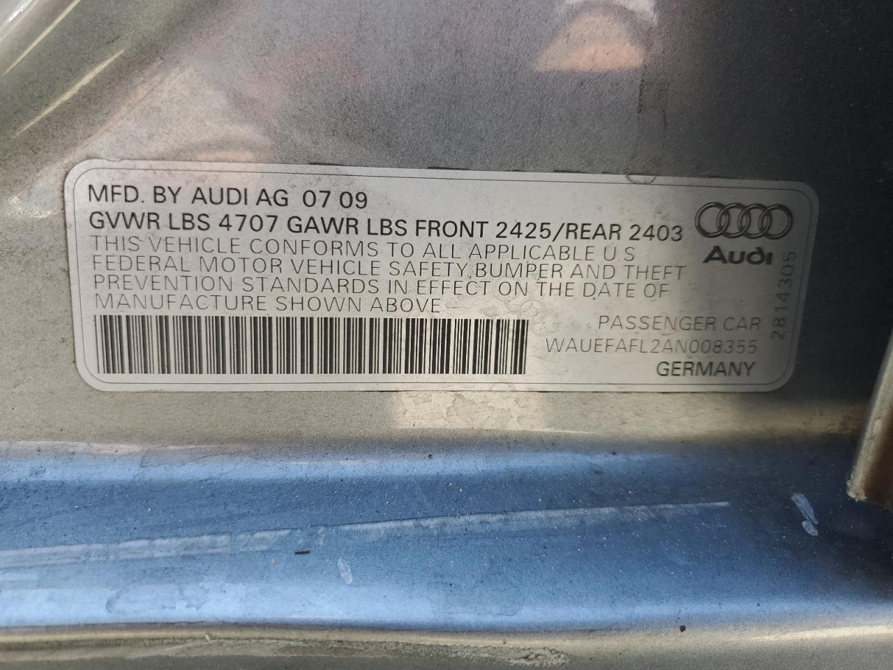 2010 Audi A4 Premium Plus VIN: WAUEFAFL2AN008355 Lot: 63502654