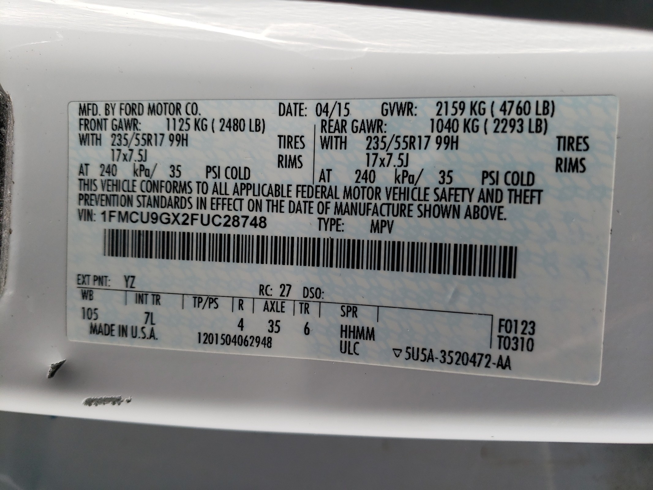 1FMCU9GX2FUC28748 2015 Ford Escape Se