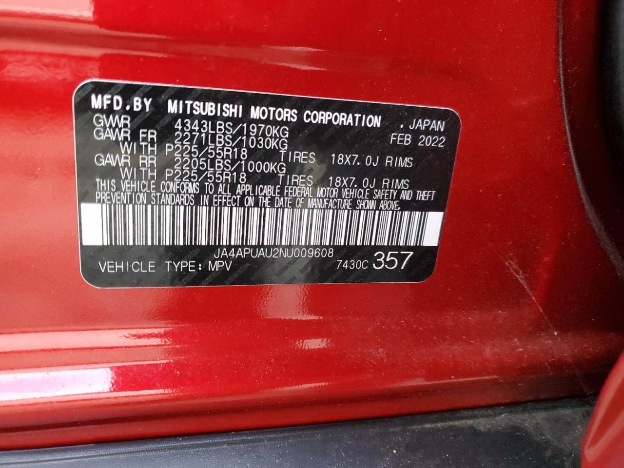 2022 Mitsubishi Outlander Sport Es VIN: JA4APUAU2NU009608 Lot: 62535734