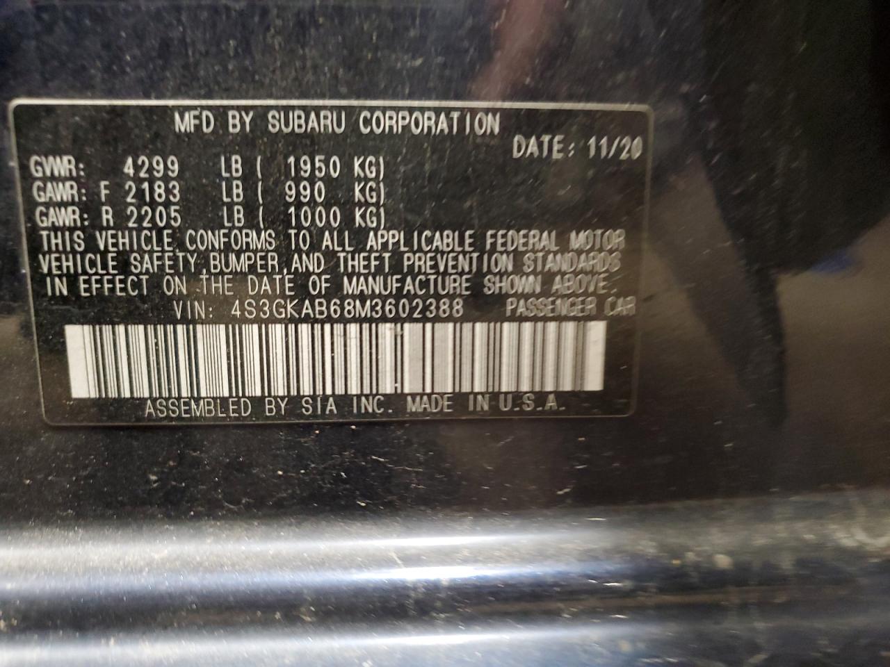 2021 Subaru Impreza VIN: 4S3GKAB68M3602388 Lot: 63289494