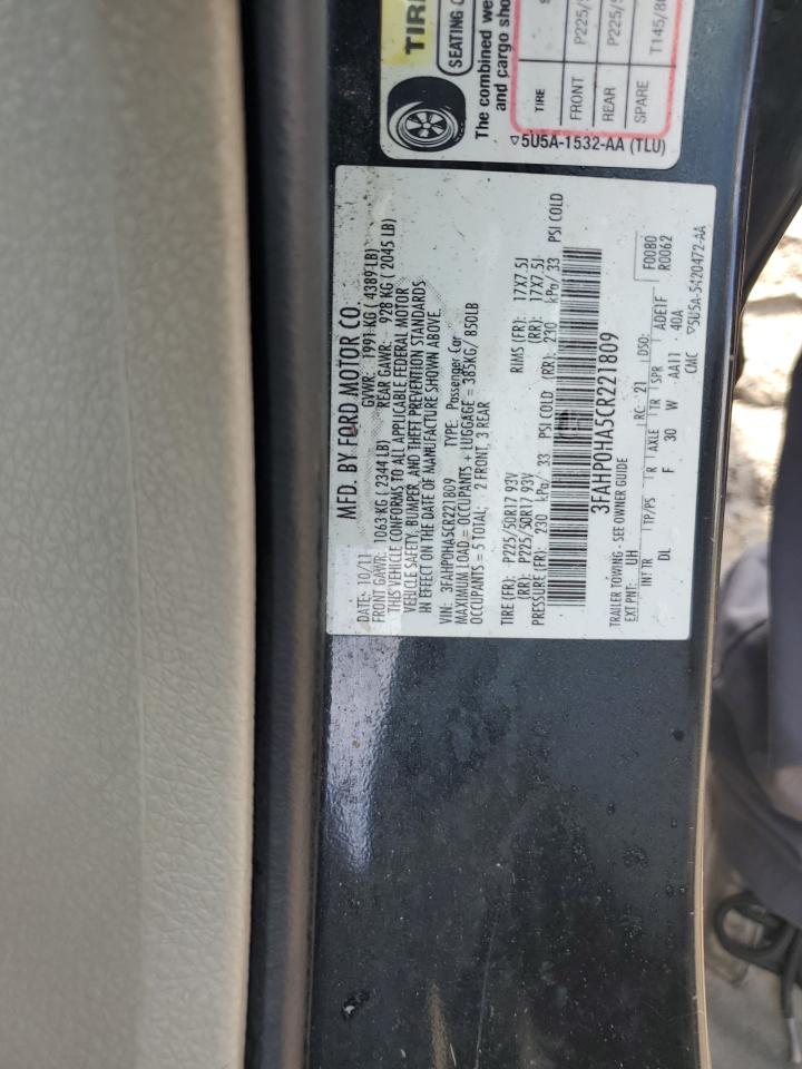 2012 Ford Fusion Se VIN: 3FAHP0HA5CR221809 Lot: 64179404