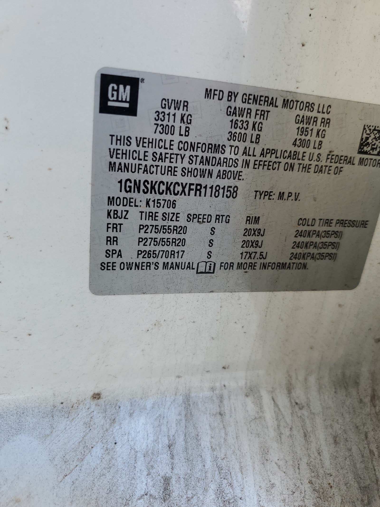 1GNSKCKCXFR118158 2015 Chevrolet Tahoe K1500 Ltz