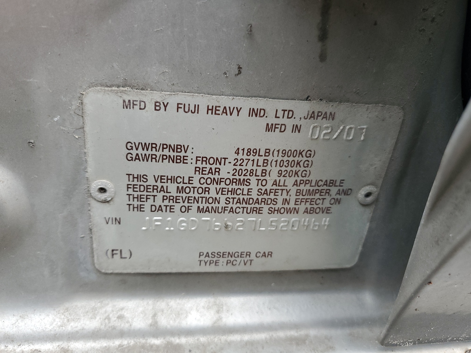 JF1GD76627L520464 2007 Subaru Impreza Wrx Sti