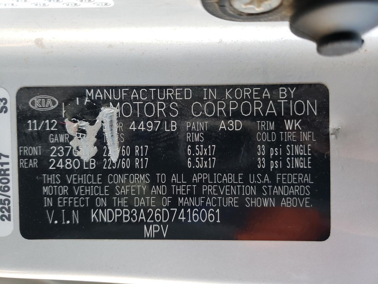 2013 Kia Sportage Base VIN: KNDPB3A26D7416061 Lot: 63723944