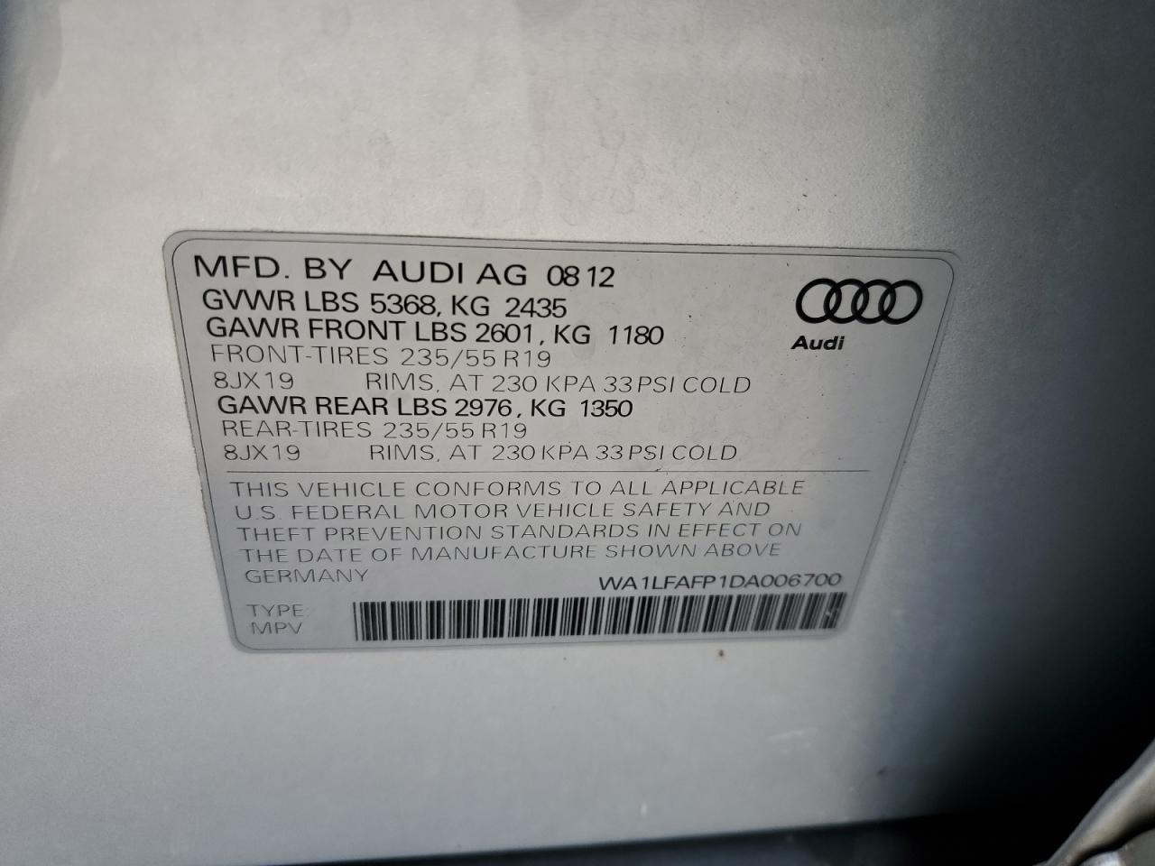 2013 Audi Q5 Premium Plus VIN: WA1LFAFP1DA006700 Lot: 63537044