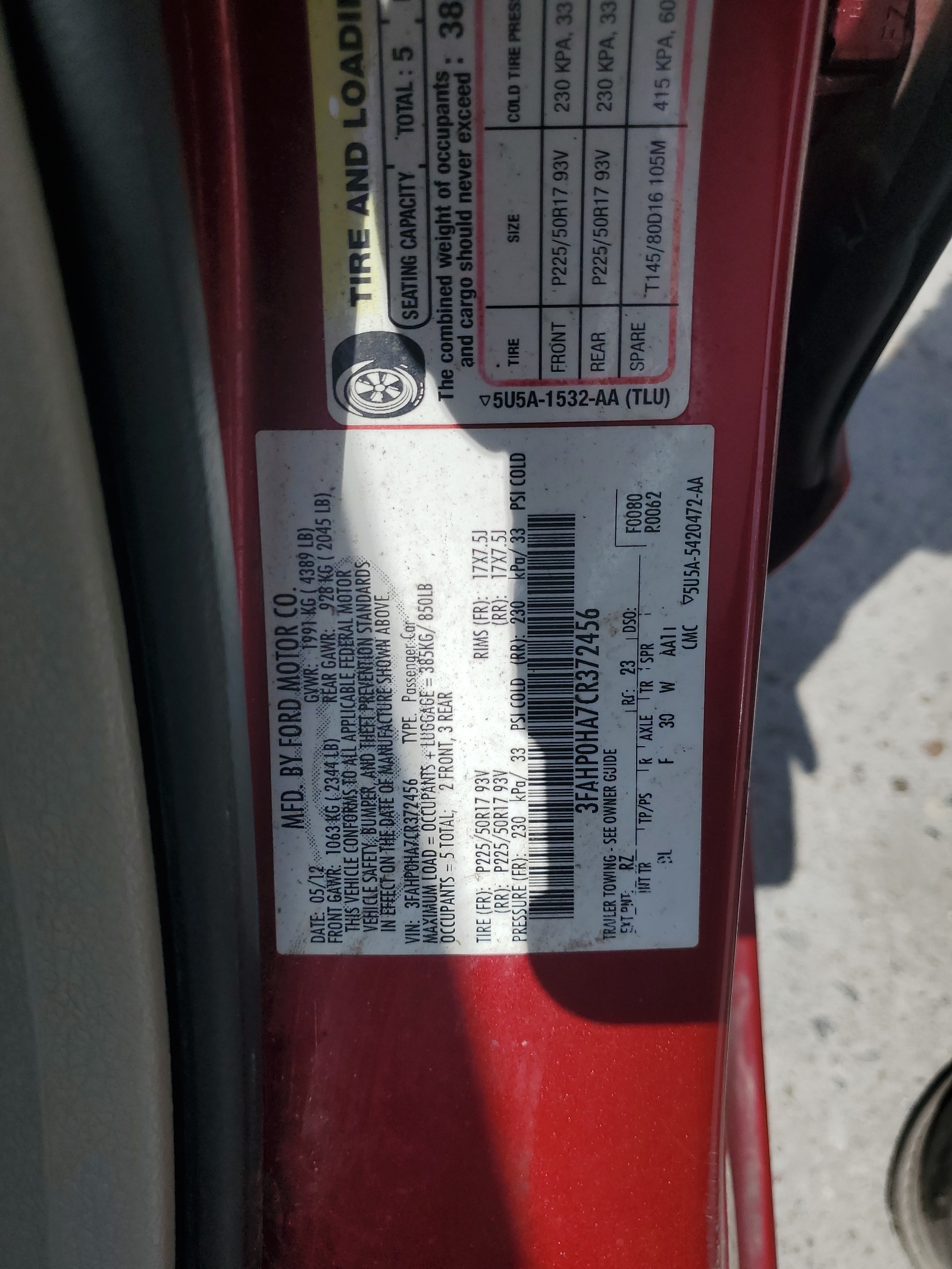 3FAHP0HA7CR372456 2012 Ford Fusion Se