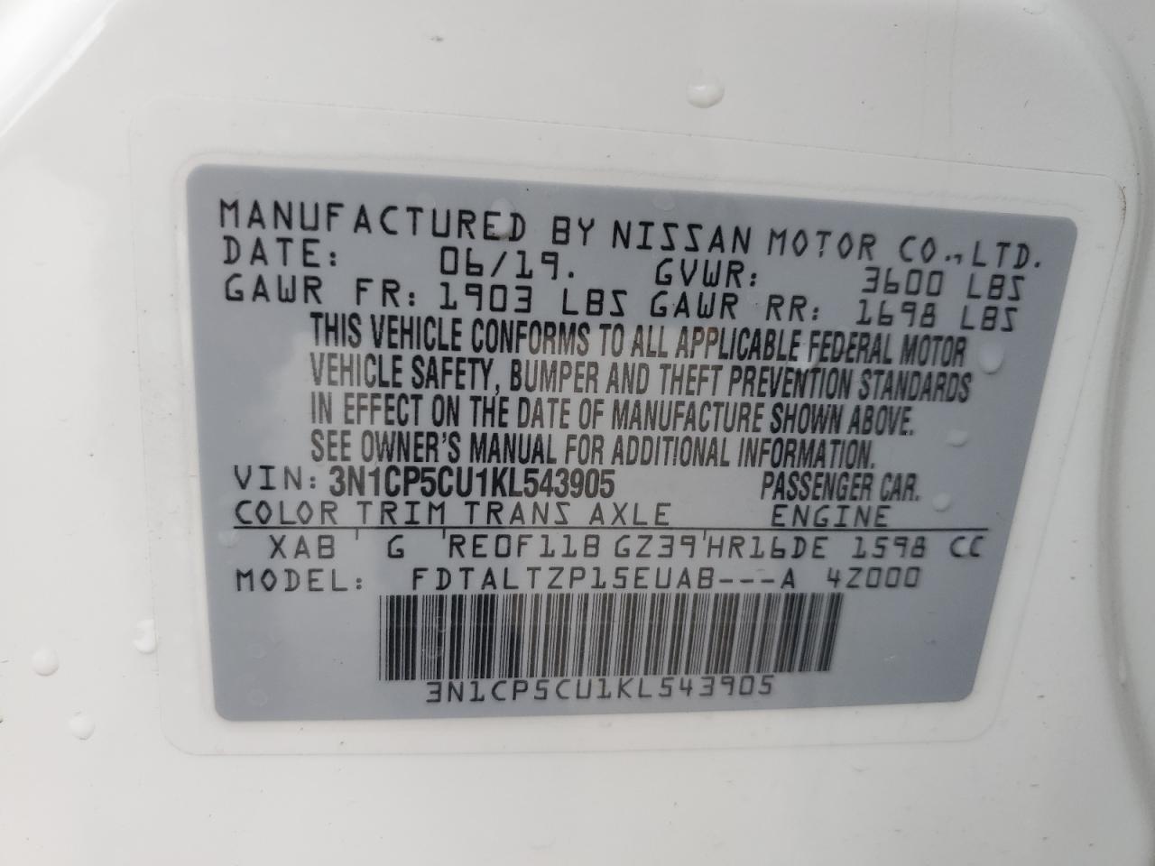 3N1CP5CU1KL543905 2019 Nissan Kicks S