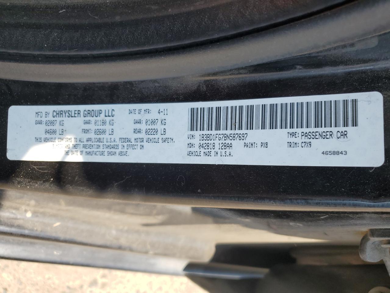 2011 Dodge Avenger Mainstreet VIN: 1B3BD1FG7BN587697 Lot: 62249614