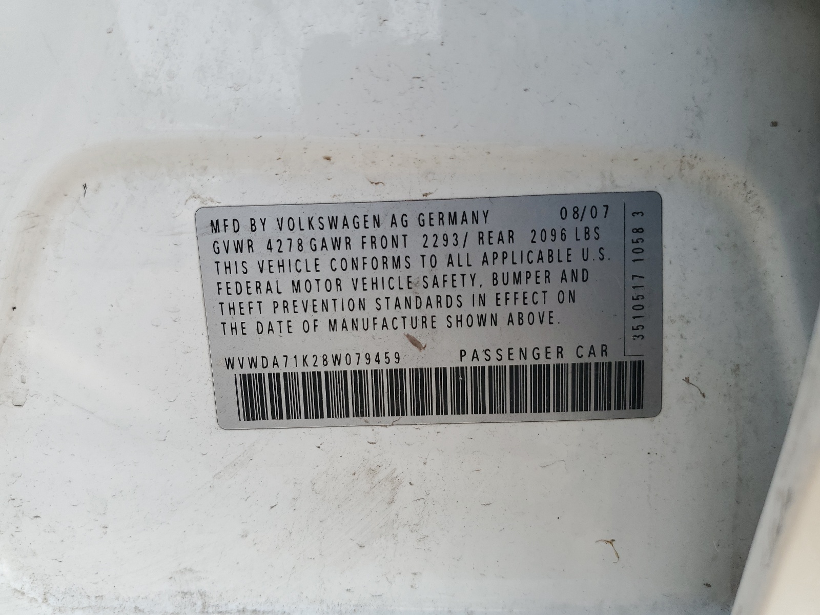 WVWDA71K28W079459 2008 Volkswagen Rabbit