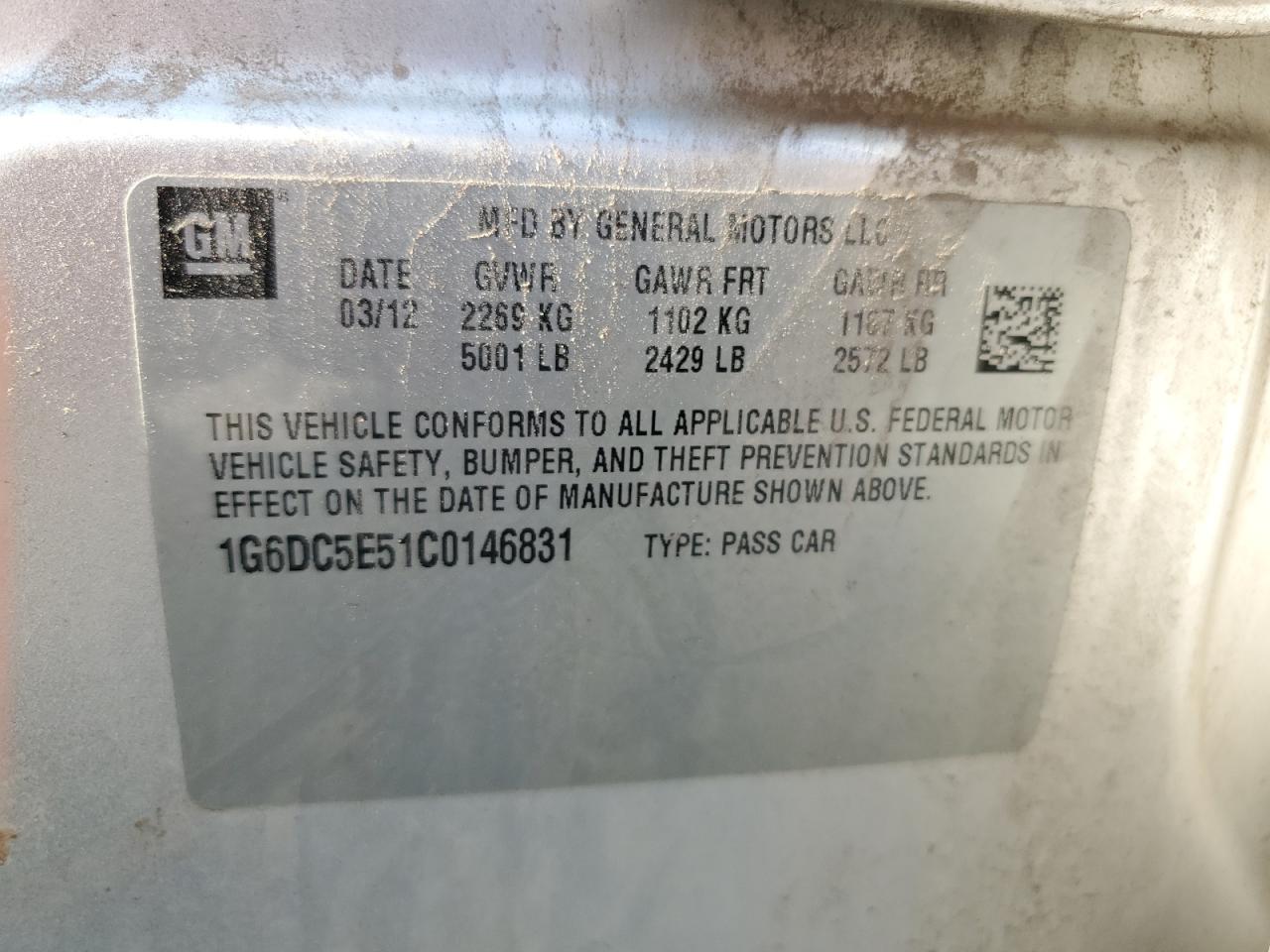 2012 Cadillac Cts VIN: 1G6DC5E51C0146831 Lot: 63014084