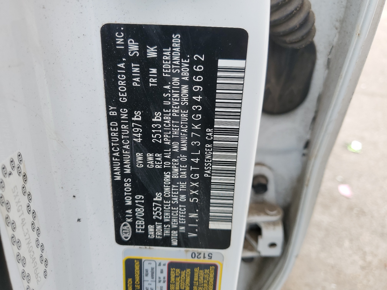 5XXGT4L37KG349662 2019 Kia Optima Lx